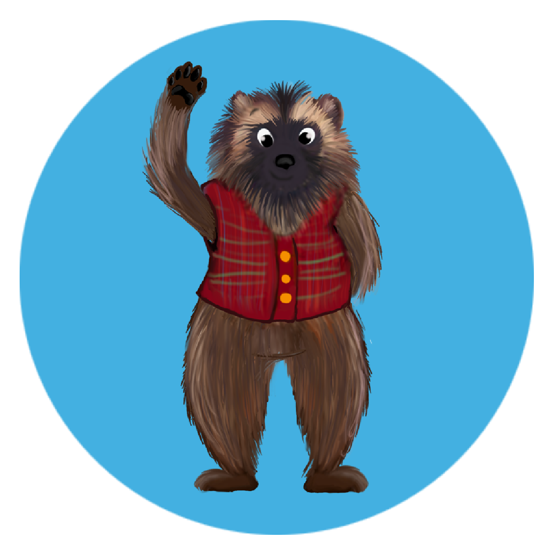 Illustrated wolverine wearing a buttoned up vest and waving