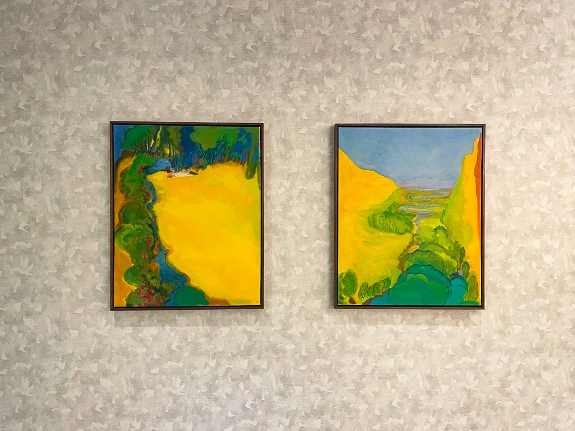 Two colorful paintings are hanging on a wall