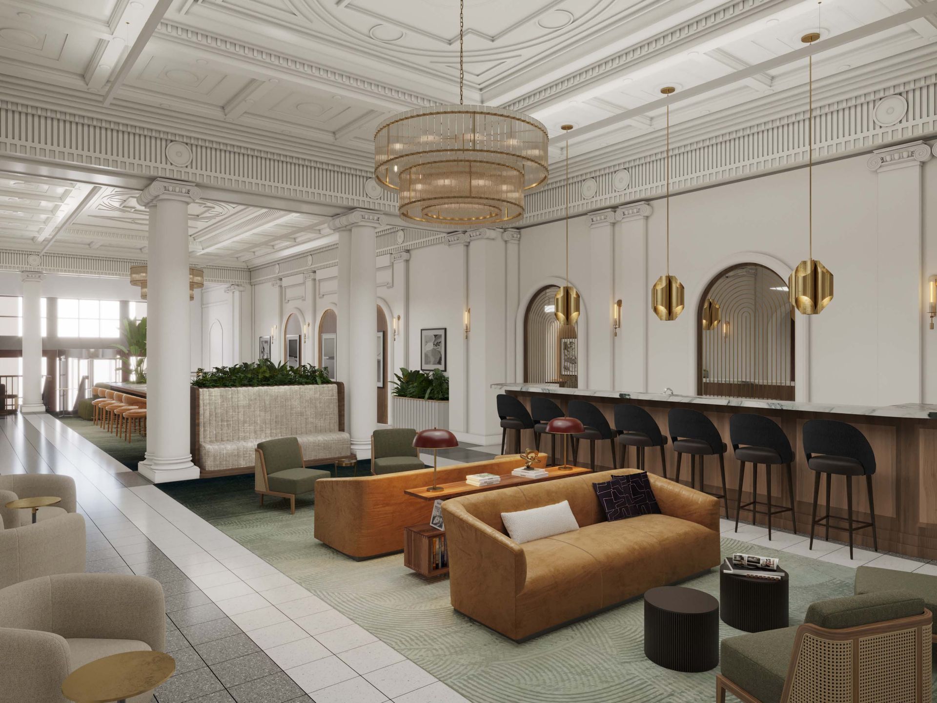 An artist's impression of a hotel lobby with a couch, chairs, and a bar at The Belmont by Reside.