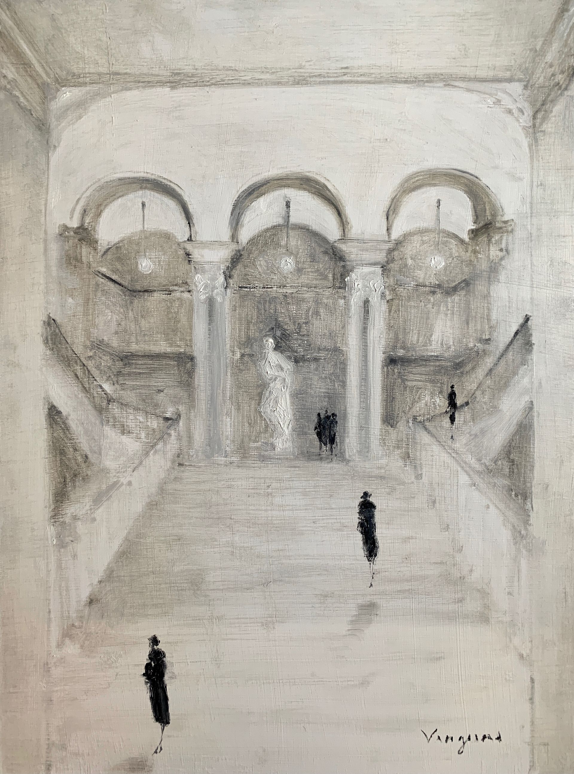 A black and white painting of people walking down stairs