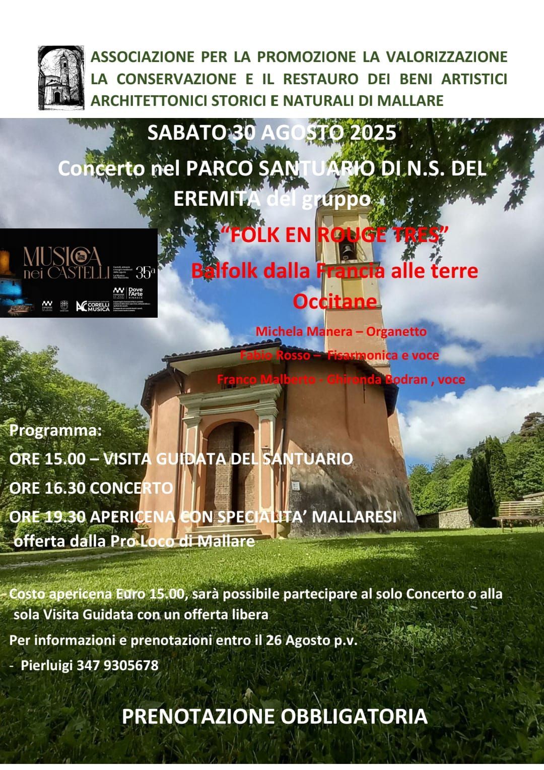 Manifesto per un concerto a Mallare, Italia, il 30 agosto 2025, con dettagli su orario e luogo.