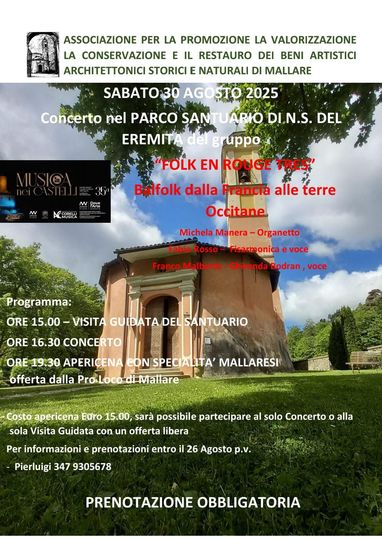 Manifesto per un concerto a Mallare, Italia, il 30 agosto 2025, con dettagli su orario e luogo.