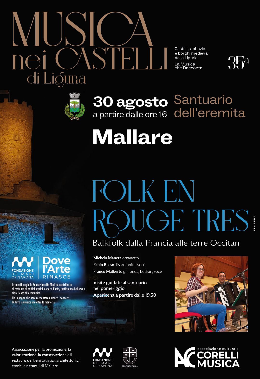 Poster for "Musica nei Castelli di Liguria" music festival.  : Folk en Rouge Tres! at the Santuario dell'eremita, Mallare