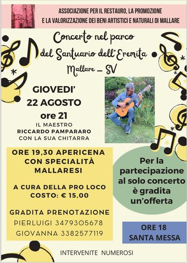 Manifesto del concerto di Riccardo Pampararo con chitarra al parco del Santuario di Mallare il 22 agosto. ---