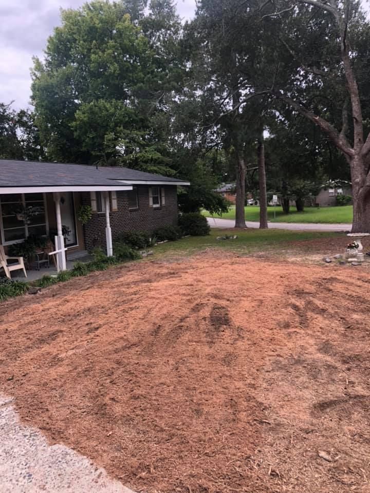A house with a large bed of reddish-brown mulch in the front yard. Trees and sky in the background.