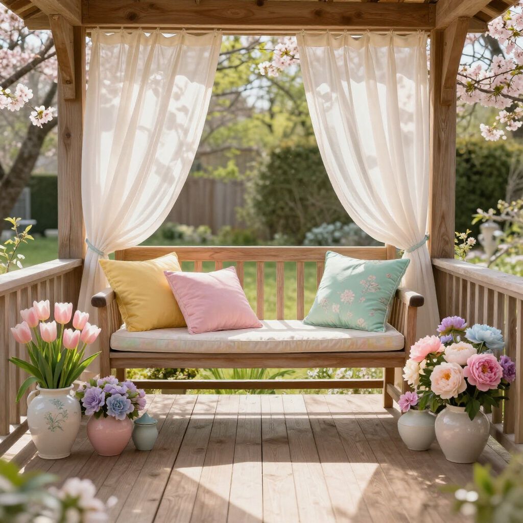 A wooden porch bench with yellow, pink, and floral pillows, framed by sheer curtains and vases of tulips and peonies.