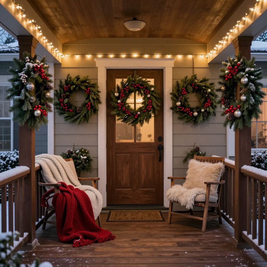 A cozy porch decorated for Christmas with wreaths, string lights, two chairs, a red blanket, and snow-covered ground.