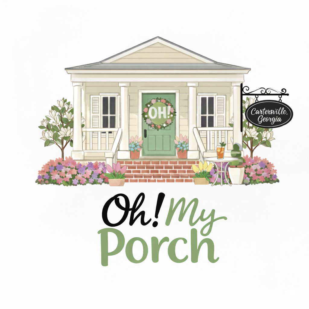 An illustration of a light-colored porch with a green front door and flowers, beneath the text 