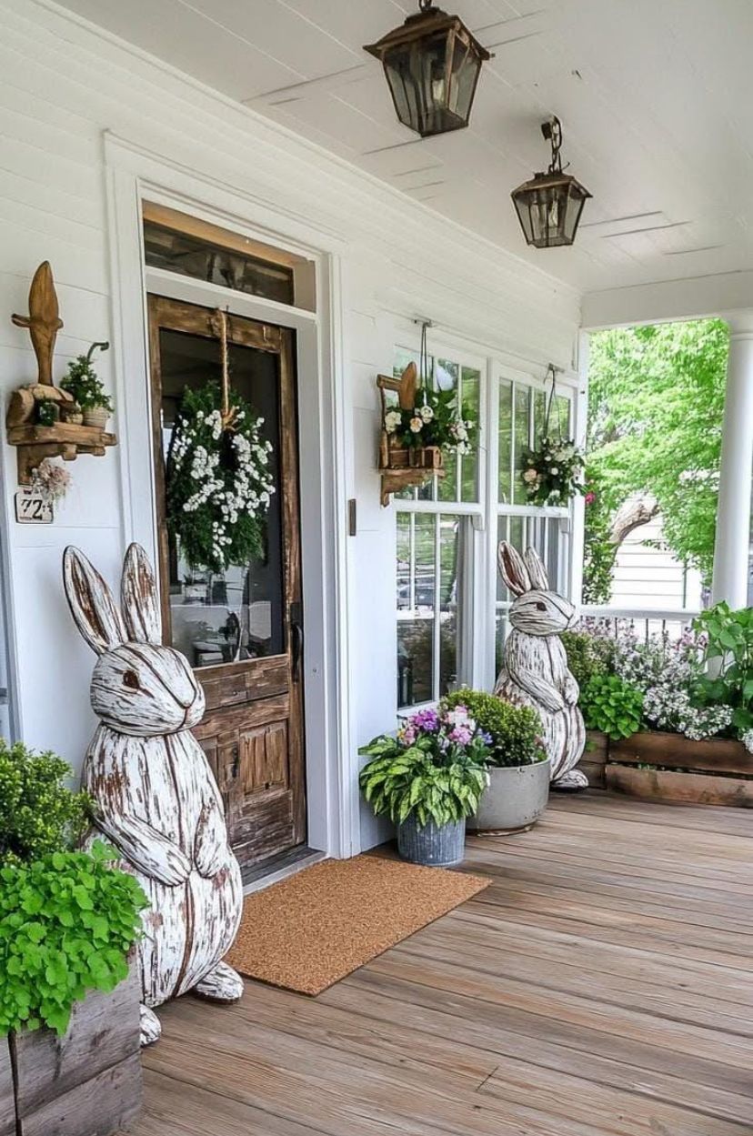 A covered porch decorated for Easter with two large wooden rabbit statues, flower wreaths, and potted plants.