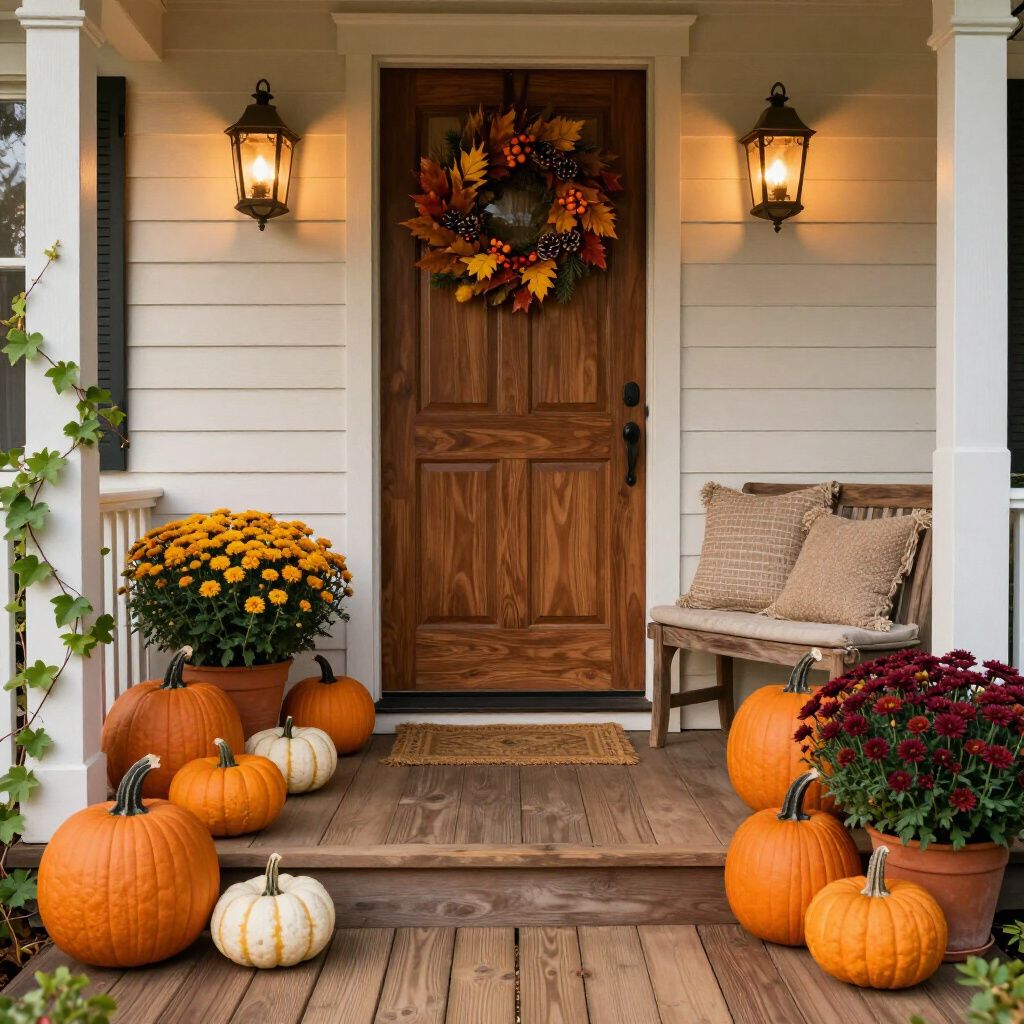A wooden front door decorated for autumn with a fall wreath, flanked by pumpkins, mums, and a wooden bench on a porch.