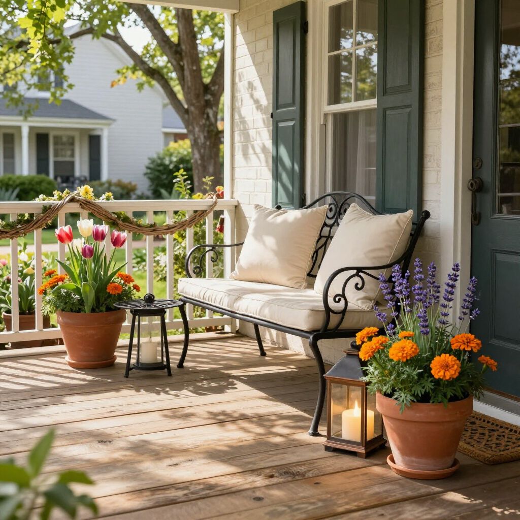 A cozy porch features a black iron bench with beige pillows, terracotta planters with flowers, and lit lanterns.
