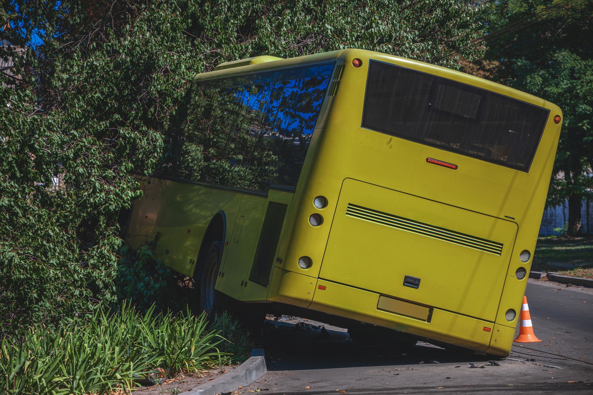 Yellow bus tilted off a road into grass beside trees, with an orange cone nearby.