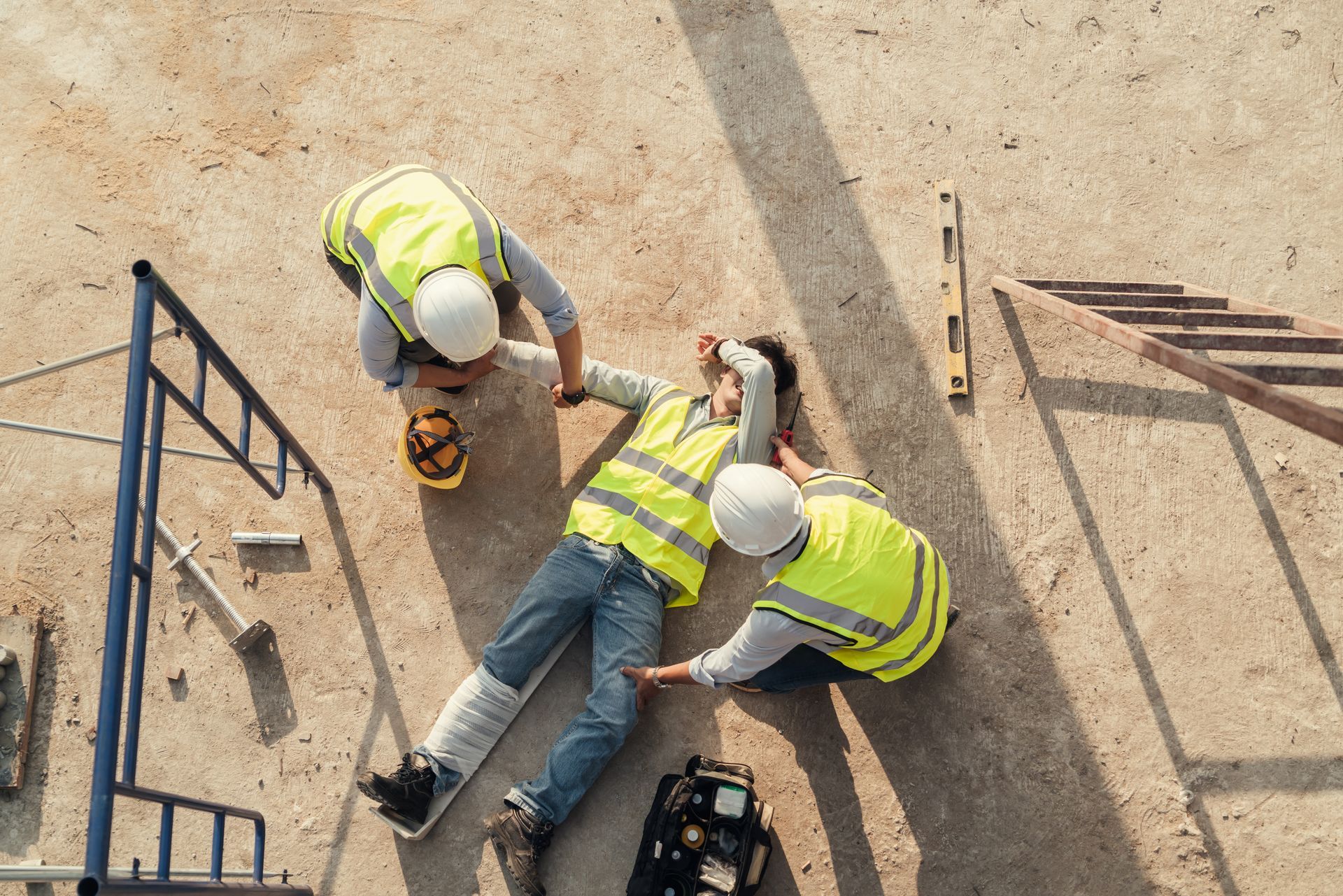 Two construction workers in hard hats assist an injured worker on a concrete site.