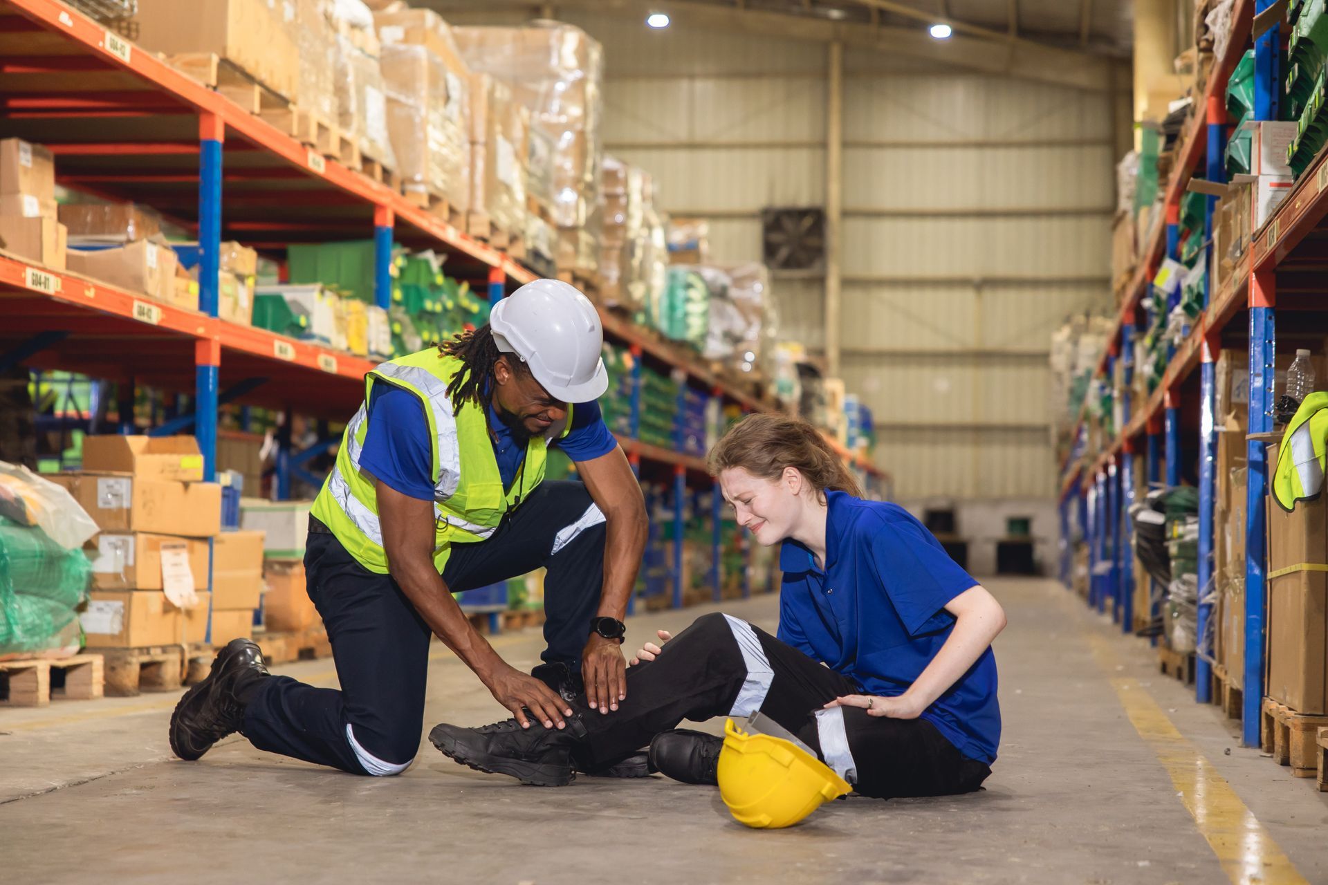 Two warehouse workers assist an injured colleague on the floor between storage shelves.