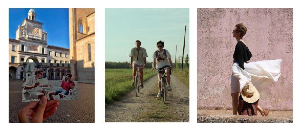 A collage of three pictures of people , one of which is a picture of a man riding a bike.