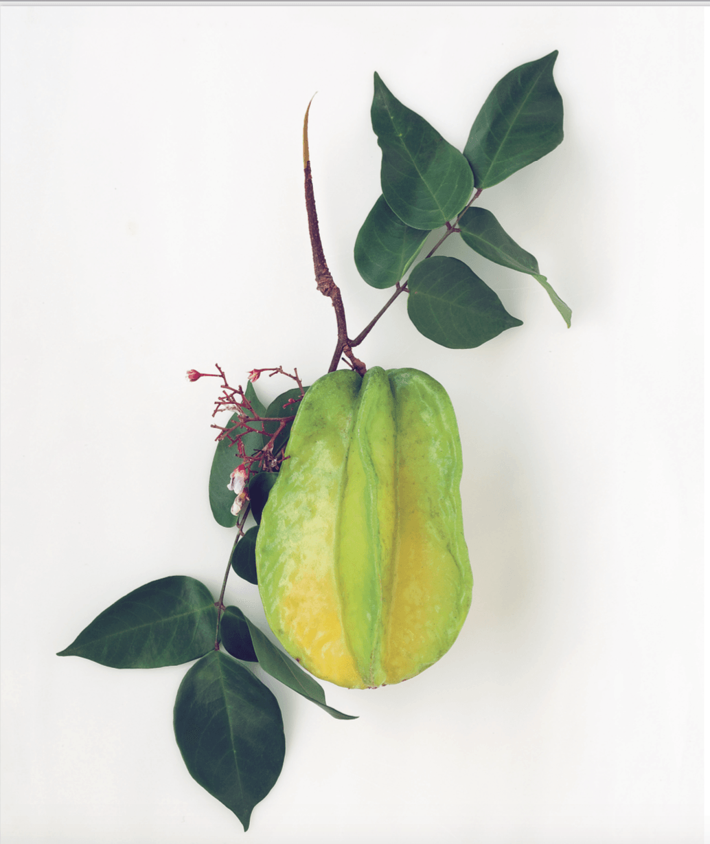A green and yellow fruit with leaves on a white background