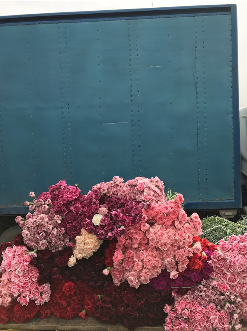 A blue truck with a bunch of flowers in front of it