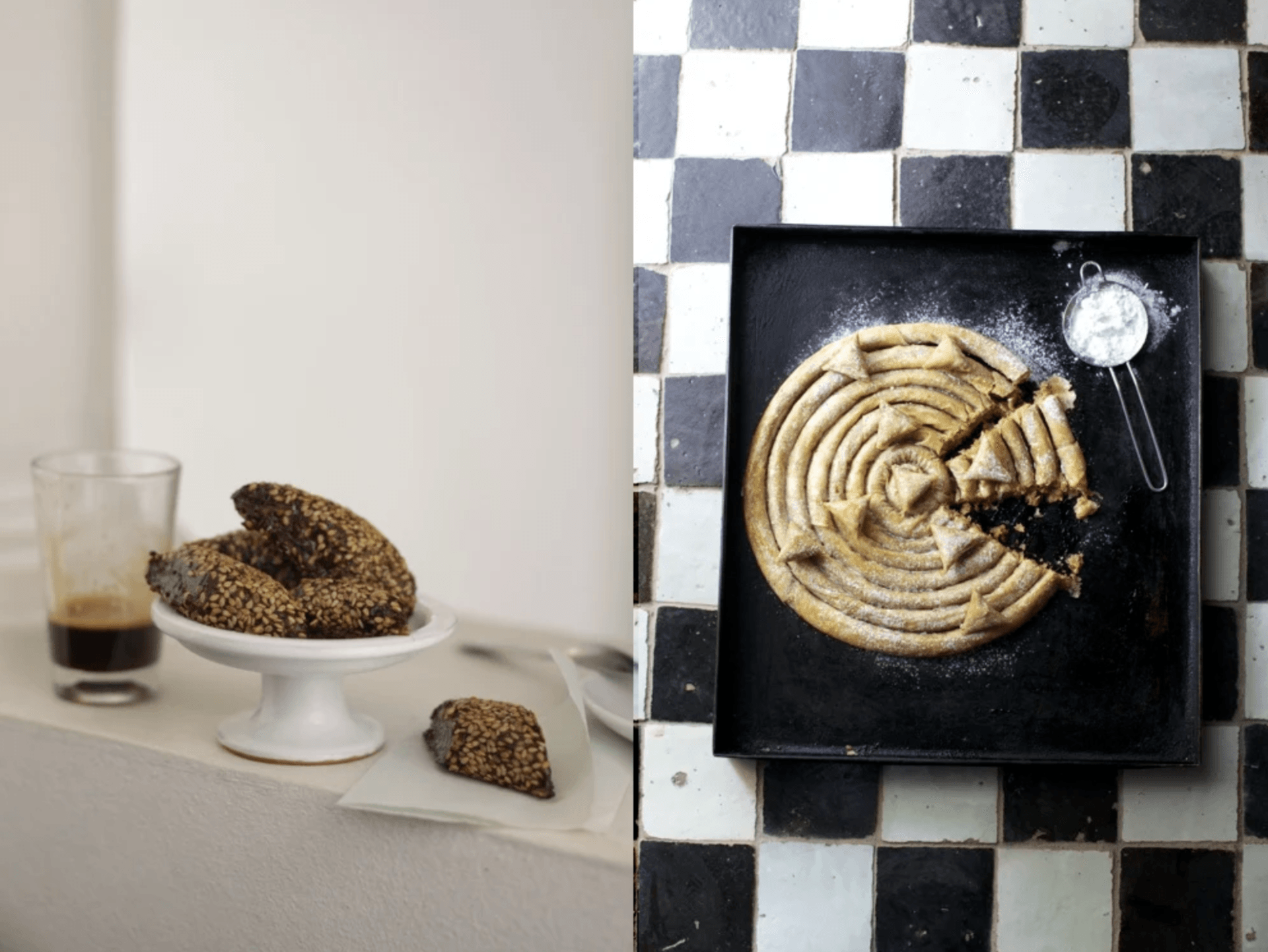 A black and white checkered floor with a tray of food on it