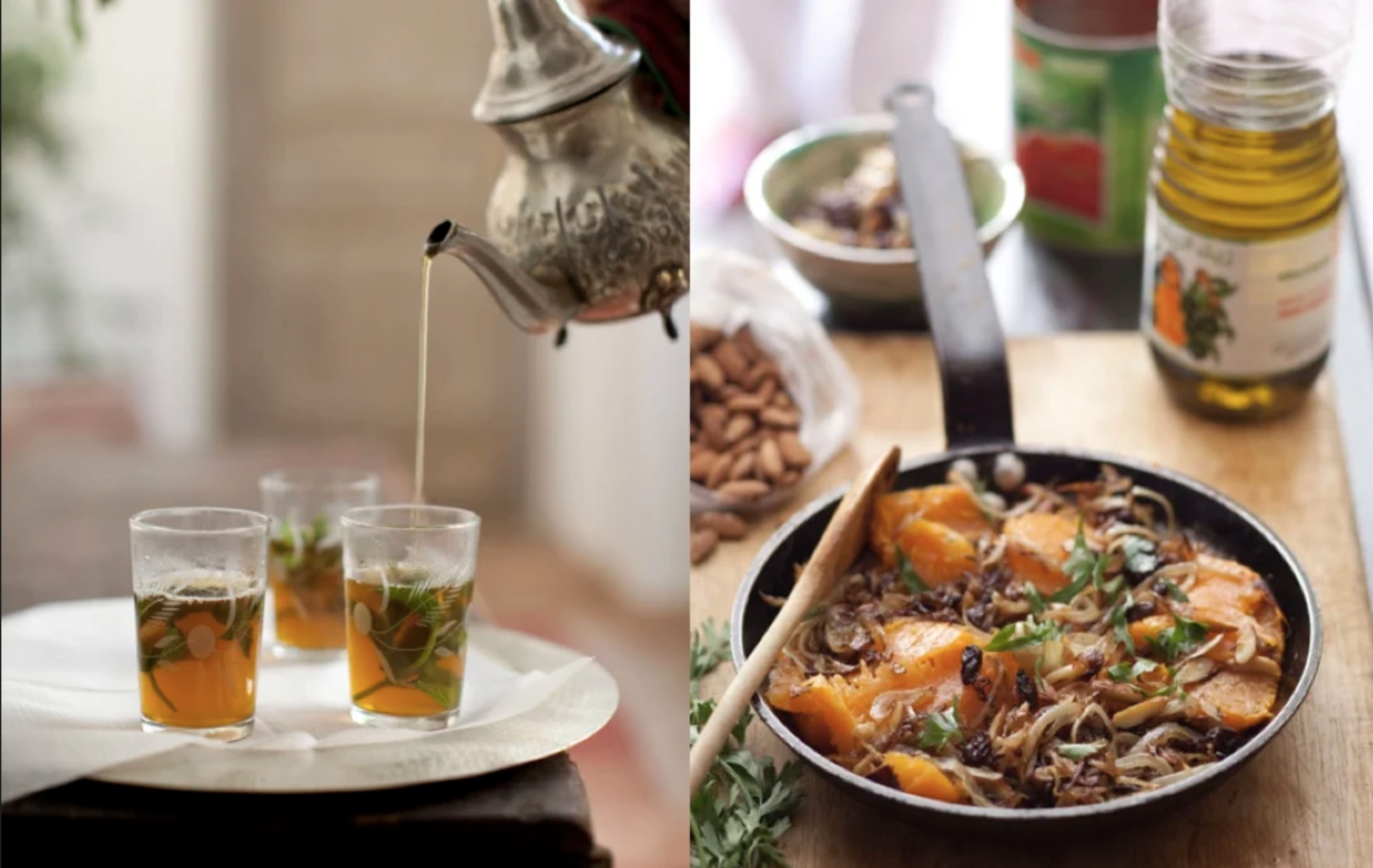 A teapot is pouring tea into a glass next to a pan of food