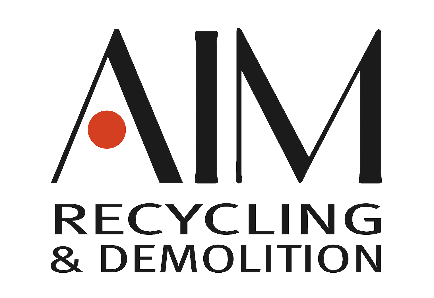 AIM Recycling & Demolition logo in black with a red dot inside the A.