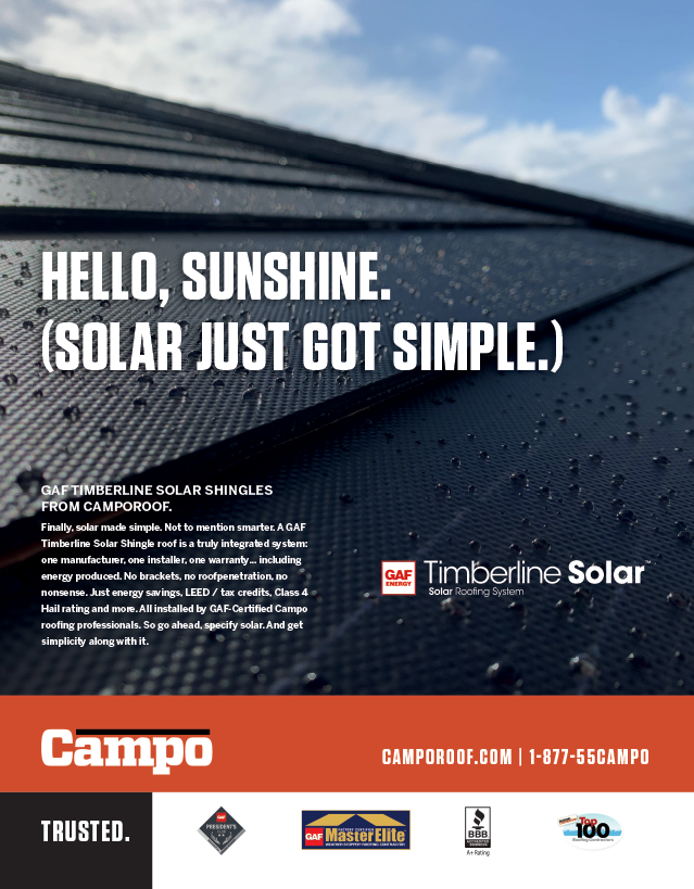 Solar panels with “Hello, sunshine” Timbré Solar ad over blue sky and rooftop.