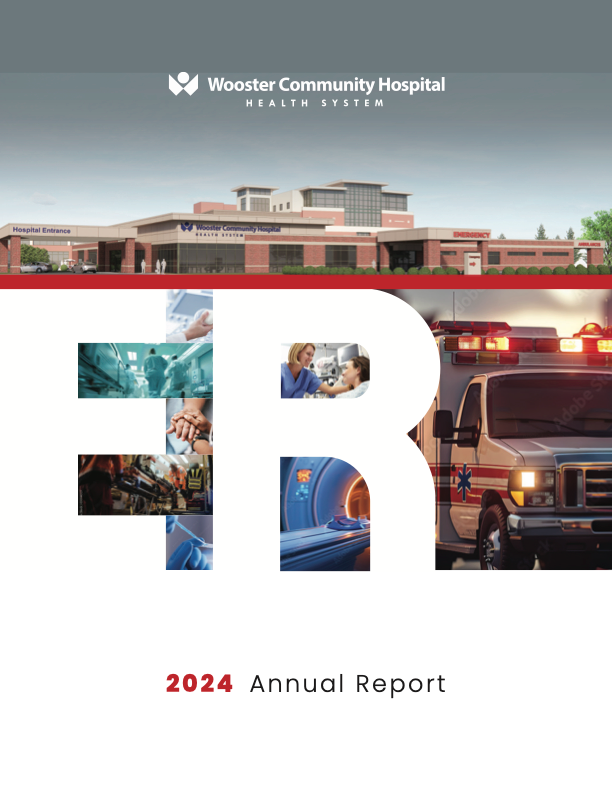 Worcester Community Hospital 2024 annual report cover with hospital building, ER letters, and emergency scene