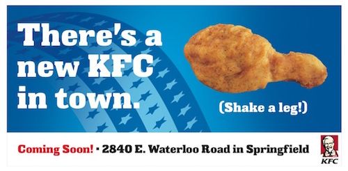 New KFC coming soon in Springfield, with a chicken drumstick on a blue background.