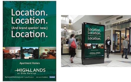 Apartment Homes ad with green “Location. Location. Location.” poster beside a mall entrance.
