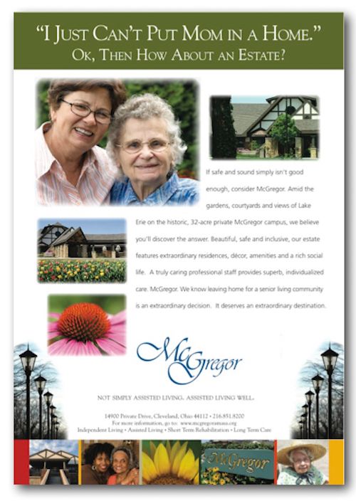 Senior care ad with smiling woman and older person, house photos, and headline “I Just Can’t Put Mom in a Home”