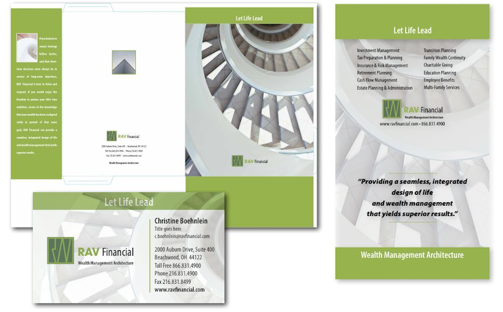 Green-and-white brochure set with spiral staircase photos and Arabic text.