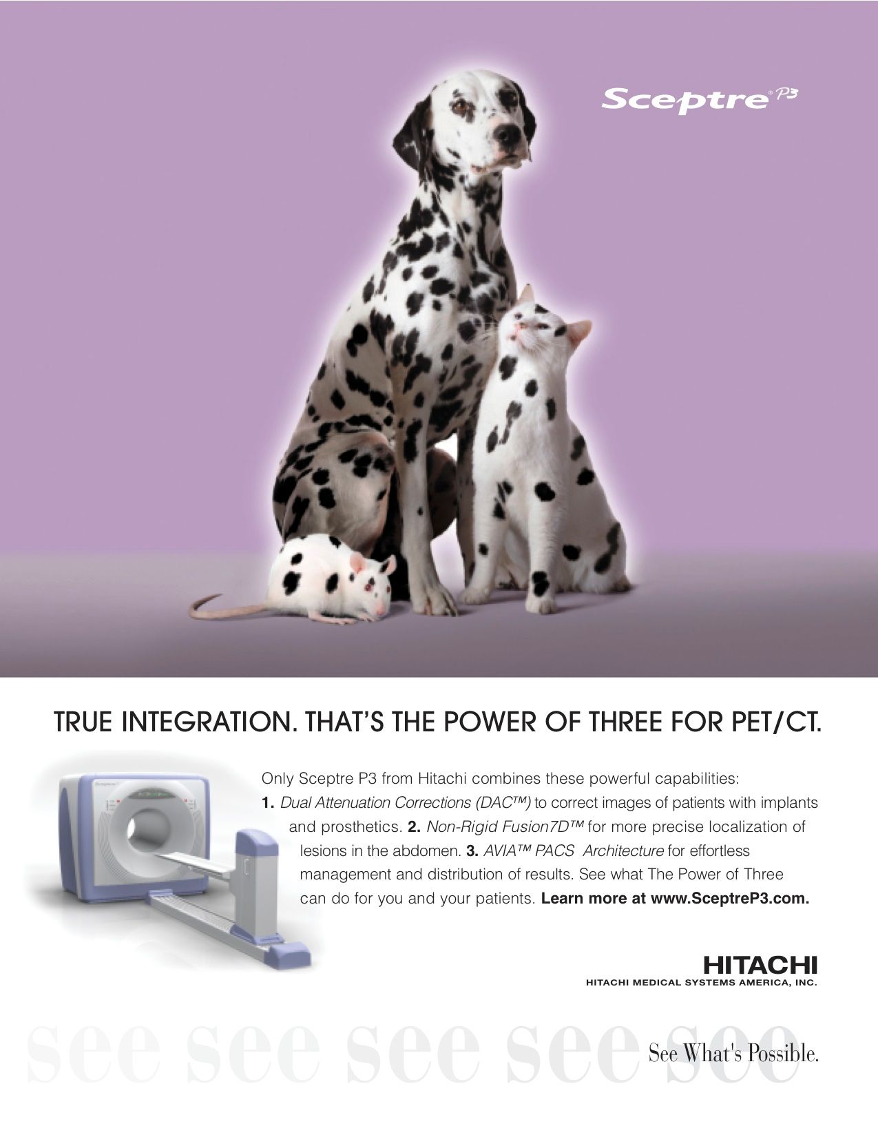 Dalmatians beside a white pet product on a purple background, with promotional text and the Hitachi logo below