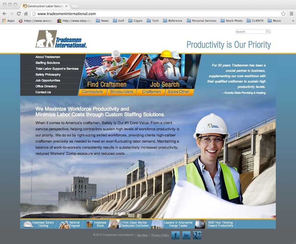 Utility company website homepage with workers in safety gear at a dam and power plant