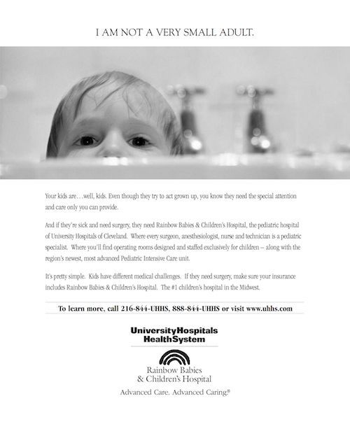 Baby peeking over sink with faucet in background and text about not being a very small adult