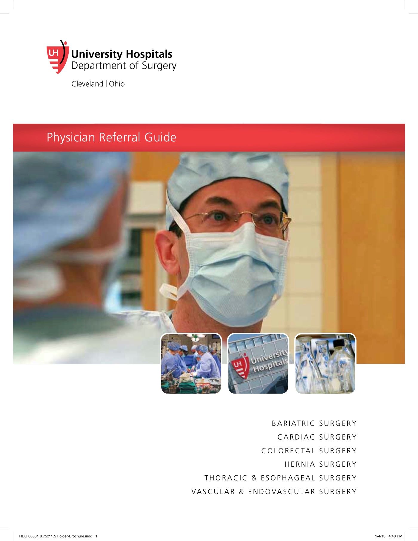 Healthcare brochure cover with masked surgeon, red header, and small medical scene thumbnails