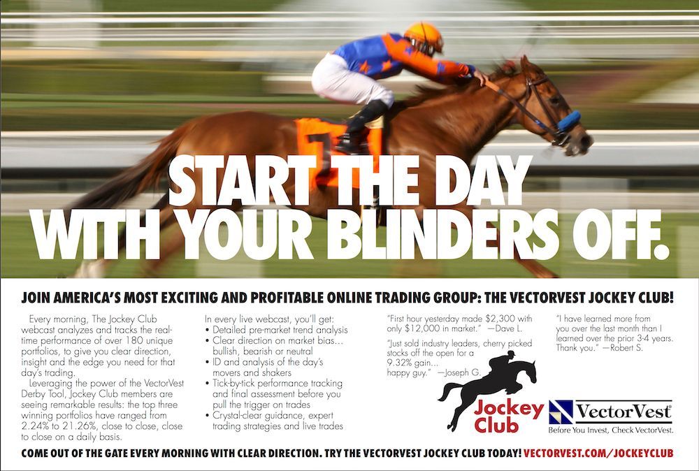 Horse racing ad with rider in orange and blue, “Start the day with your blinders off.”