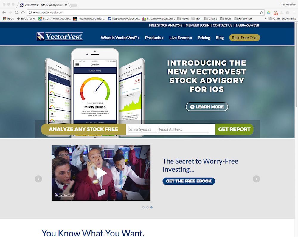 VestorVest homepage with stock advisory app promo and a green “Get Started” button