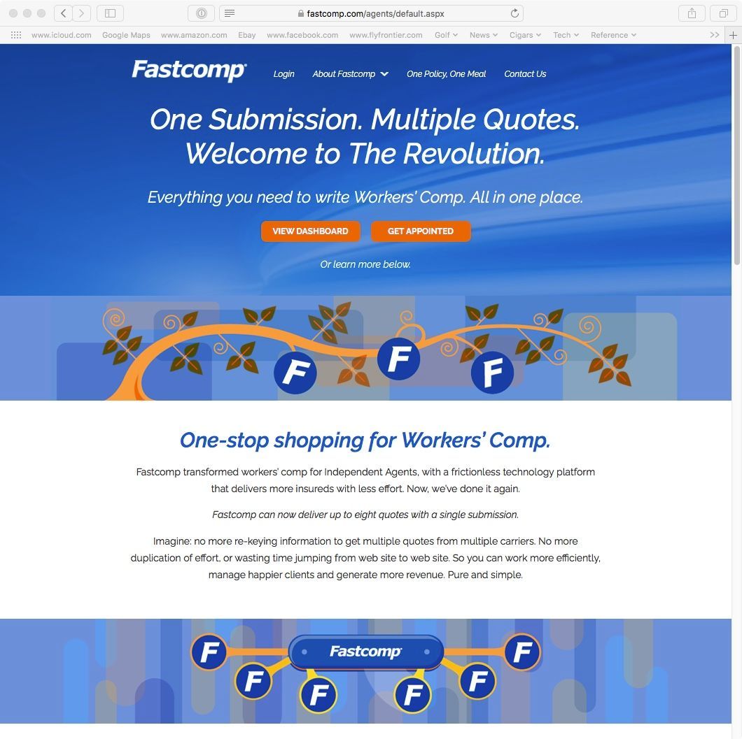 Fastcomp website homepage with blue header, quote buttons, and workers’ comp shopping section