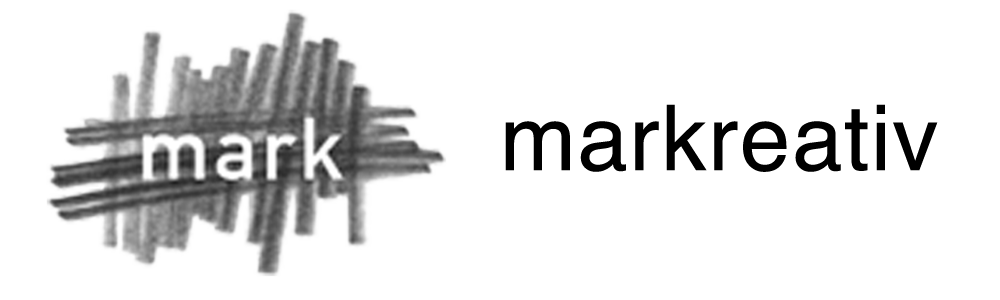 Black and white &ldquo;mark kreativ&rdquo; logo with a scribbled mark icon and lowercase text