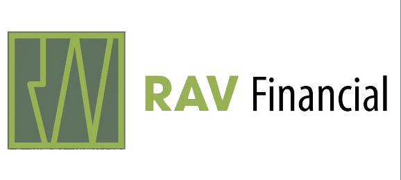 RAV Financial logo with green square emblem and gray text on white background