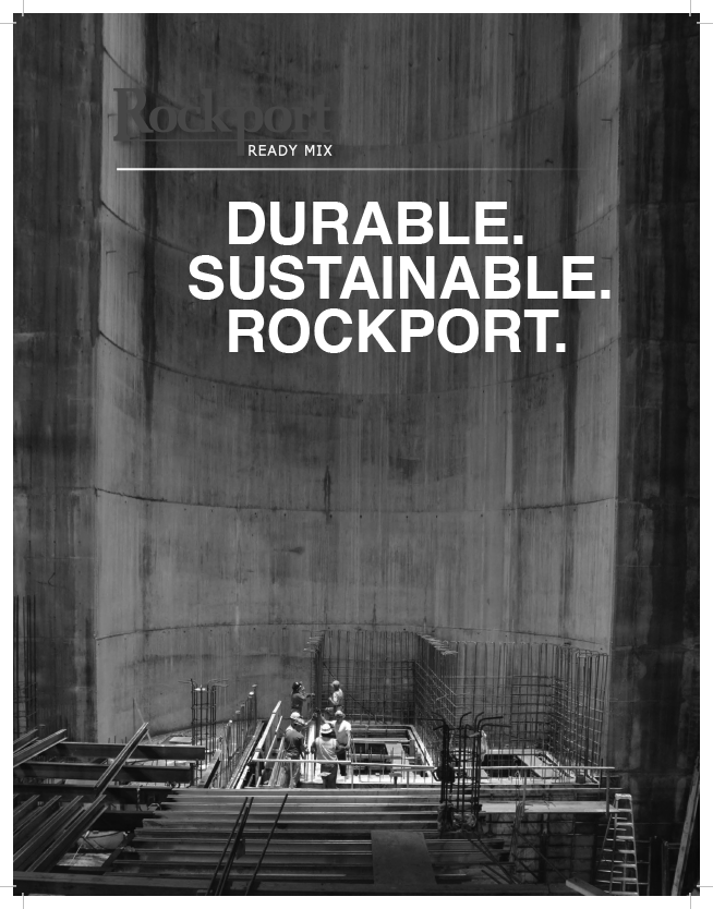 Black-and-white industrial ad: “Durable. Sustainable. Rockport.” over a concrete construction site.