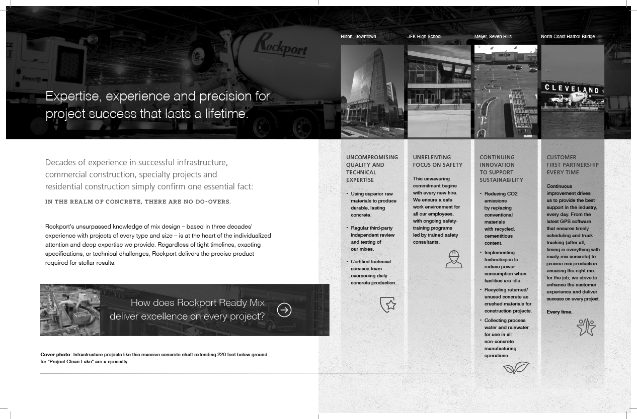 Black-and-white brochure page with photos, text columns, and a header banner.