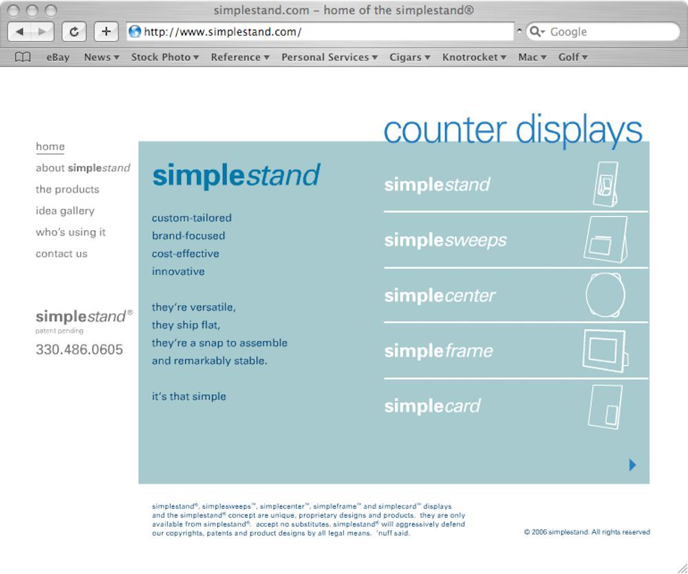 Website page showing a blue “simplestand” layout with a “counter displays” menu and icon list
