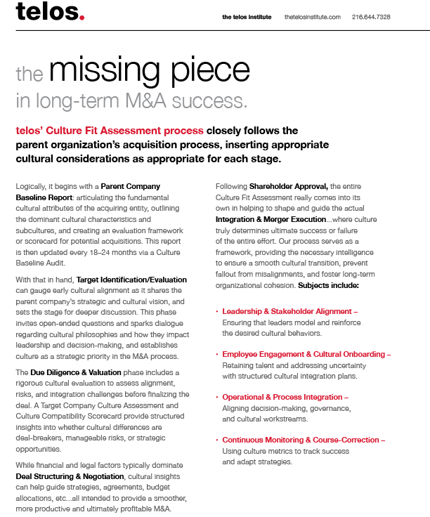 Teleos webpage with headline “the missing piece” and columns of black and red text on a white background