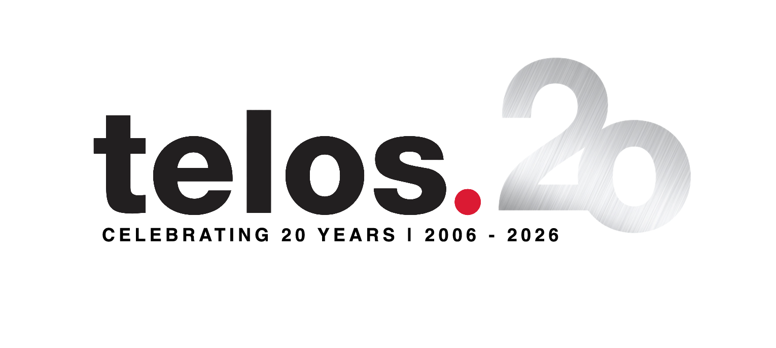 Telos 20th anniversary logo with “Celebrating 20 Years | 2006–2026” text in black and silver