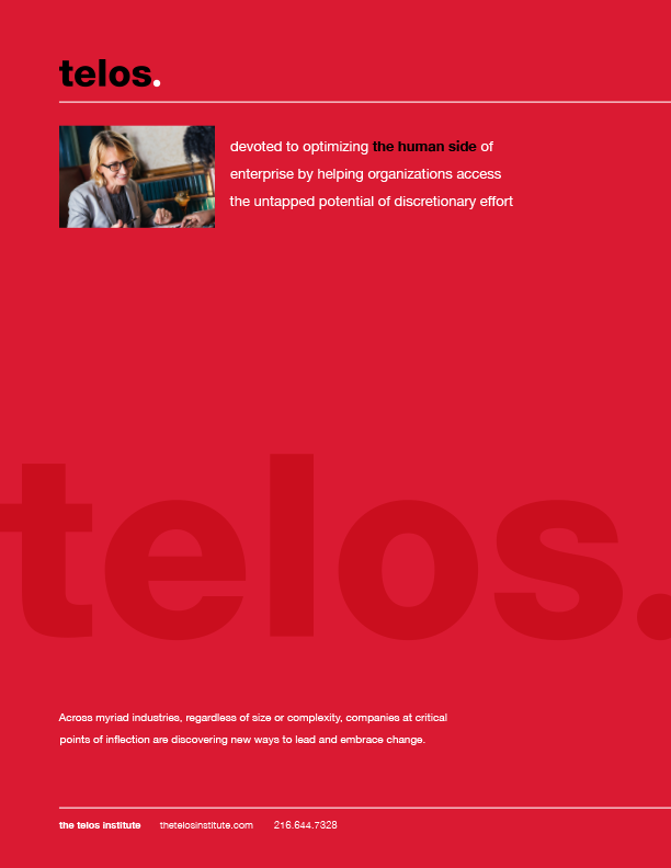 Red Telos webpage with logo, small portrait, and large faded “telos.” text on a red background