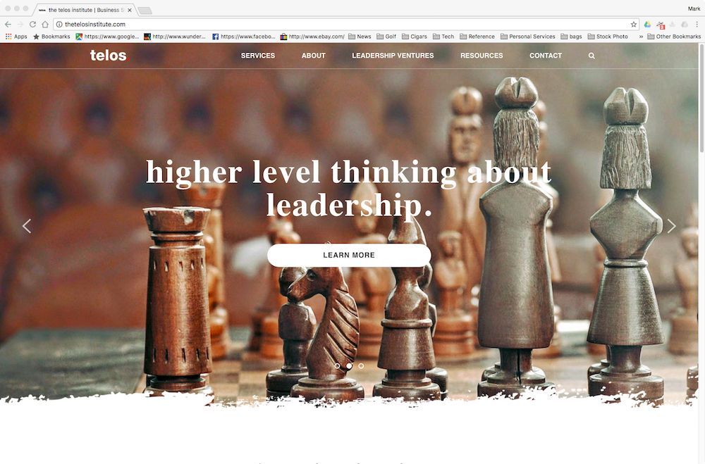 Chess pieces on a board with the text “higher level thinking about leadership” and a “learn more” button