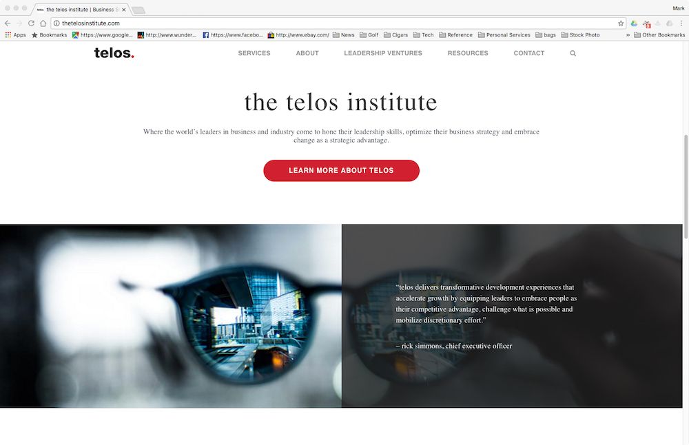 The Telos Institute homepage with a centered logo, blue-toned hero image of a person at a computer