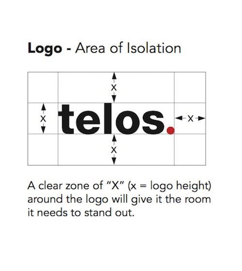 Logo spacing guide showing “telos” centered in a clear zone labeled X around the wordmark.