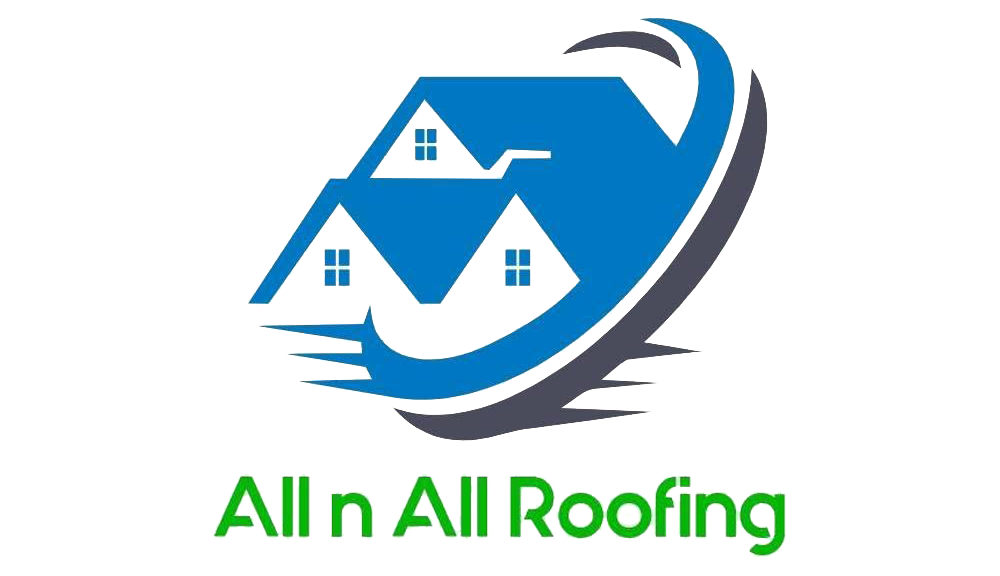 All n All Roofing logo with blue roof houses and green text on white background
