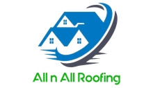 All n All Roofing logo with blue roof houses and green text on white background